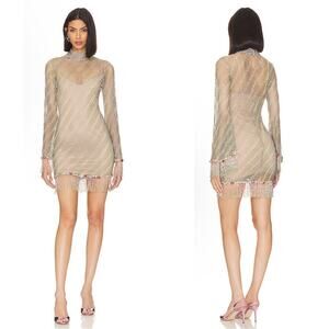 PATBO Stripe Crystal Embellished Crochet Long Sleeve Fringe Mini Dress Sz 4